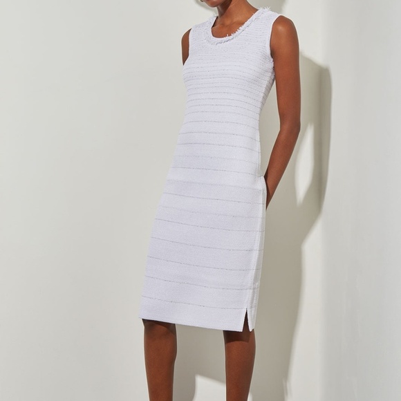 Ming Wang Shimmer-Knit Sheath Dress in White with Silver Stripes Size M - Picture 1 of 14